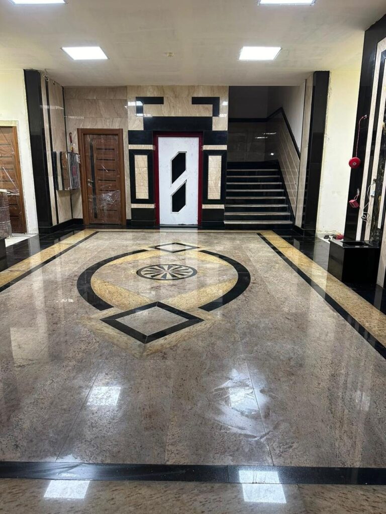 Al-Taalab factory, black and white marble corridors and inlay (12)