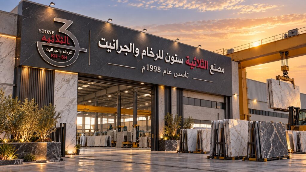 Elthlathih Stone marble and granite factory frontage at sunset, established 1998