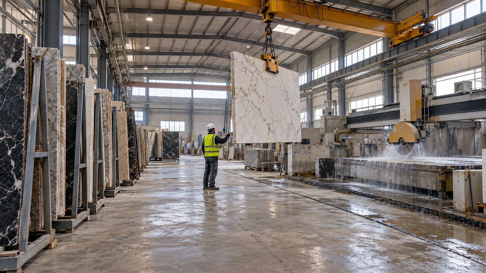 Inside the Elthlathih Stone factory: marble slabs on racks and a bridge saw cutting stone