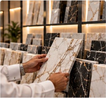 Choosing a marble slab from the sample wall