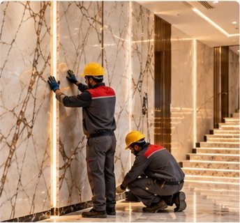 Installers fitting marble wall cladding on site