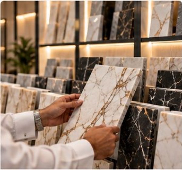Choosing a marble slab from the sample wall