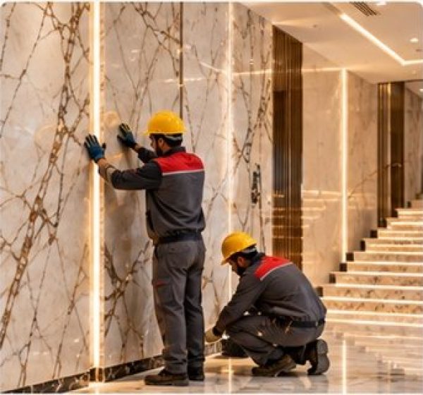 Installers fitting marble wall cladding on site